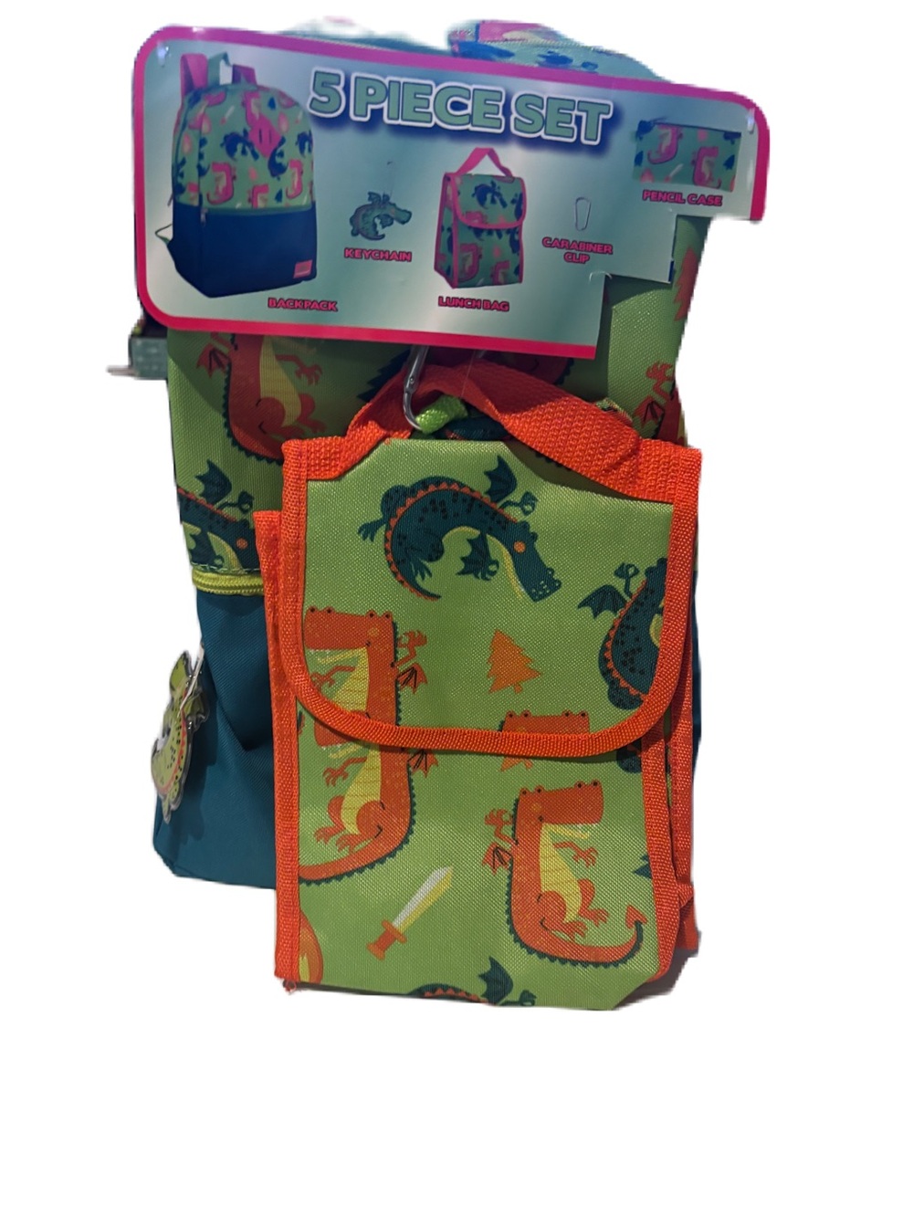 5 Piece Kids Boys Backpack Bag Back to School Set - Green & Orange Dragon Print - Picture 3 of 16